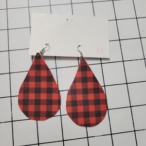 Handmade Red Buffalo Check Leather Earrings